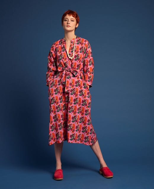 Ava Patterned Button Through Cotton Dress Split Pink Orange