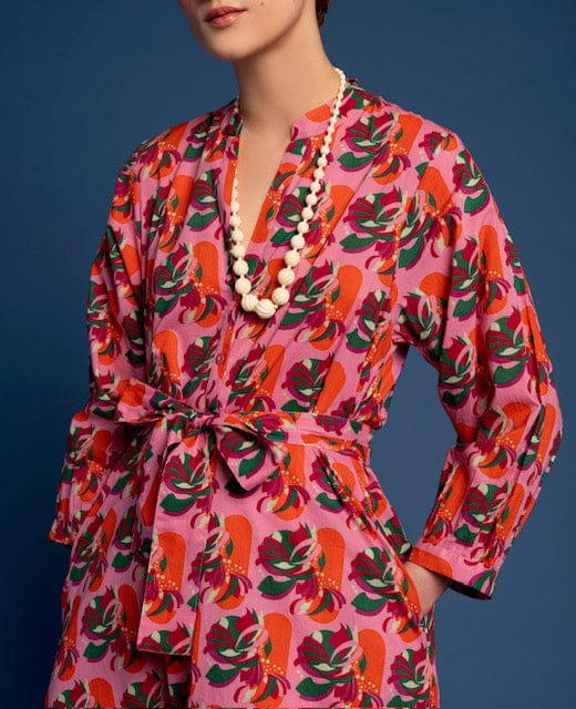 Ava Patterned Button Through Cotton Dress Split Pink Orange
