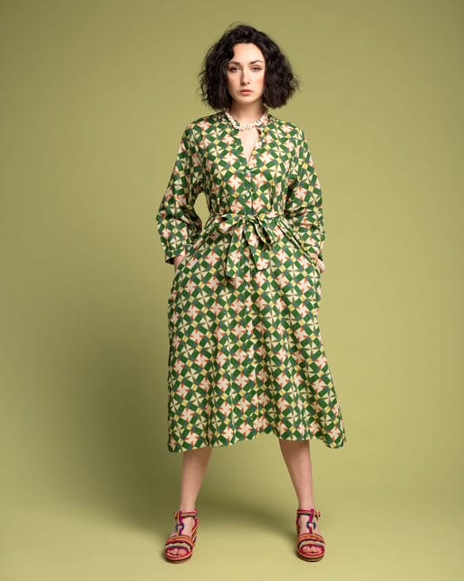 Ava Patterned Button Through Cotton Dress Absinthe Mosaic