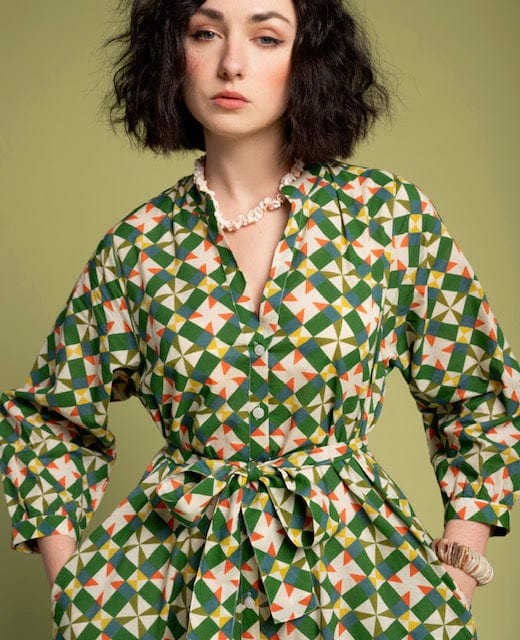 Ava Patterned Button Through Cotton Dress Absinthe Mosaic