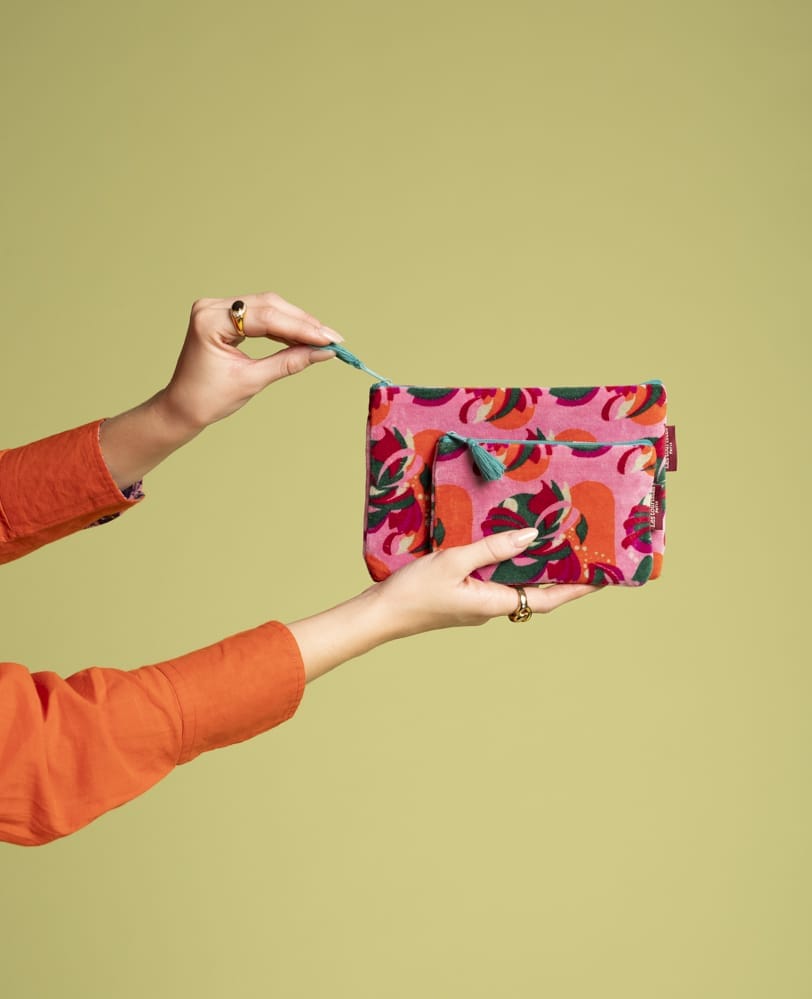 Velvet Zipped Pouch With Tassel Split Pink Orange