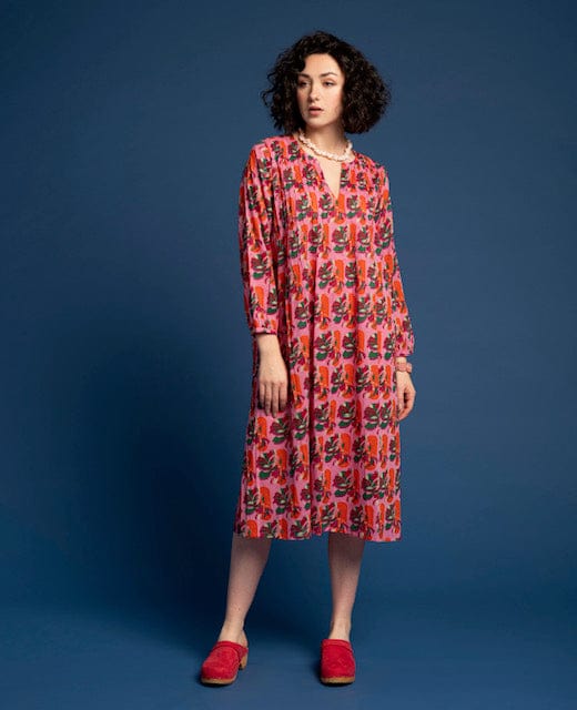 Capi Patterned Cotton Dress, Split Pink Orange