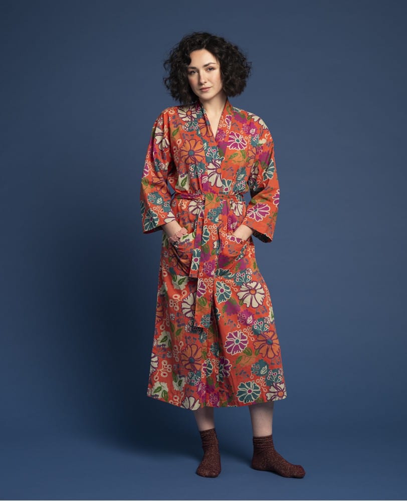 Long Cotton Dressing Gown, Cosmos Coral