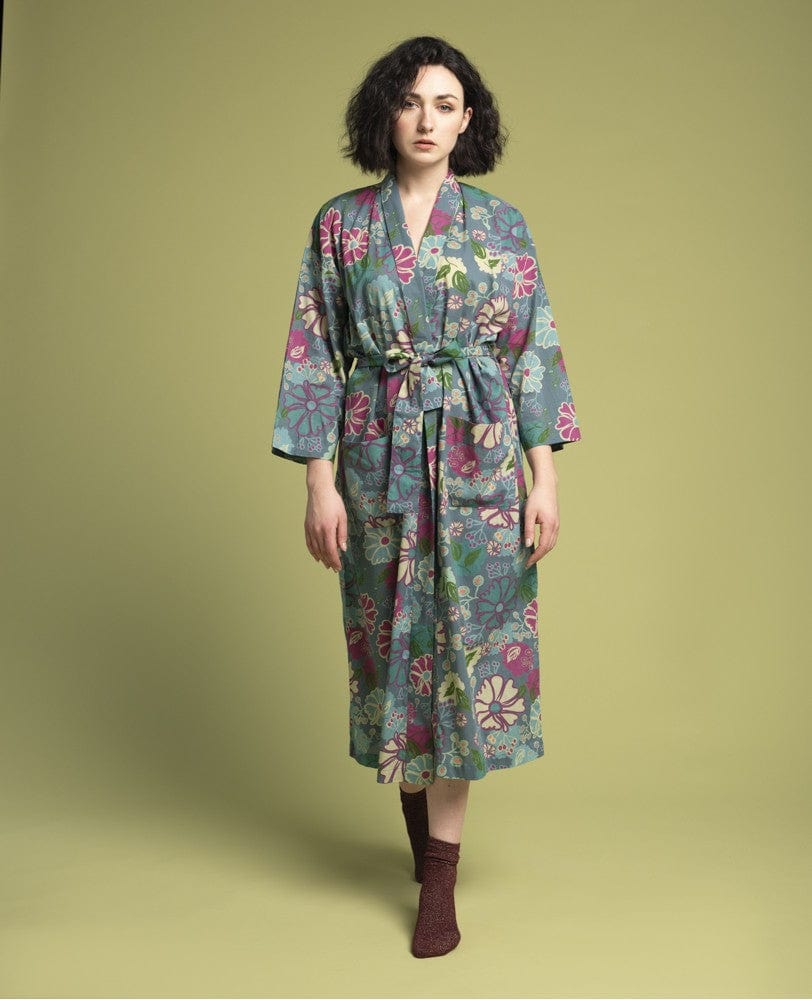 Long Cotton Dressing Gown, Cosmos Teal