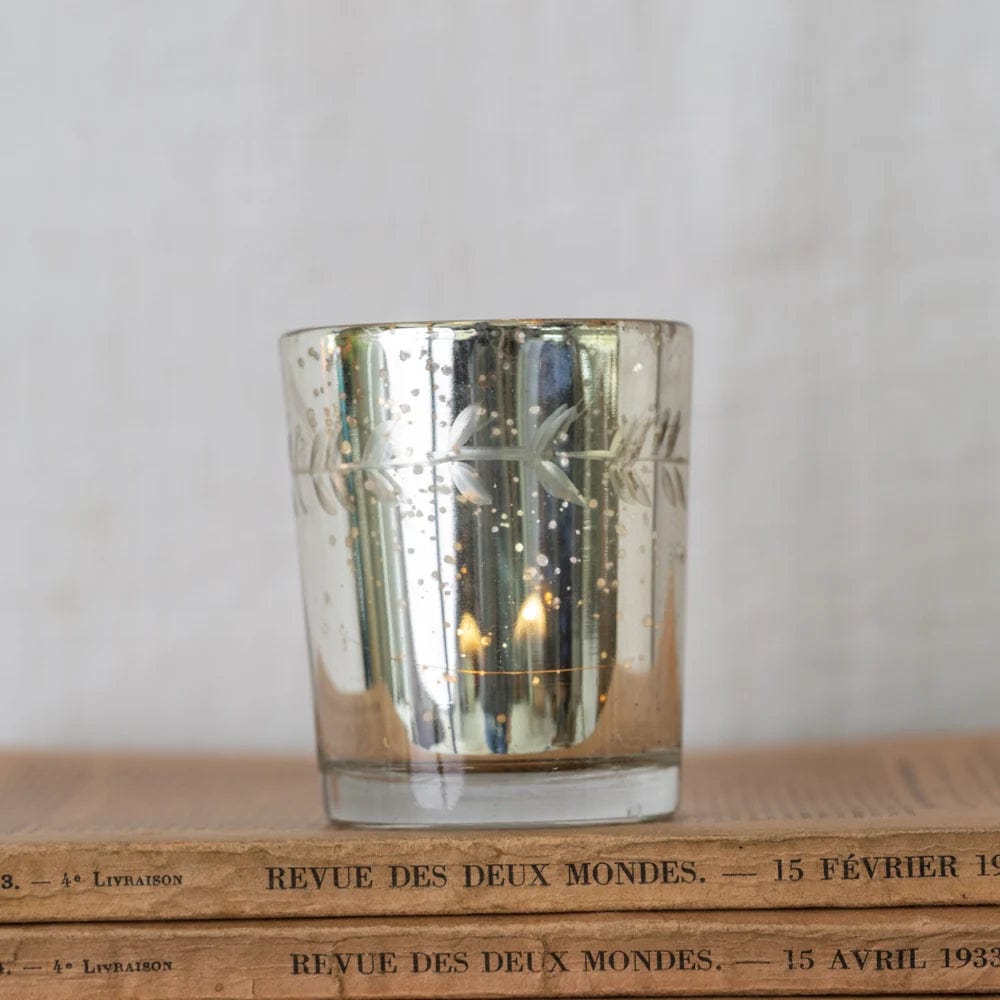 Antique Silver With Etched Vine Leaf Glass Votive