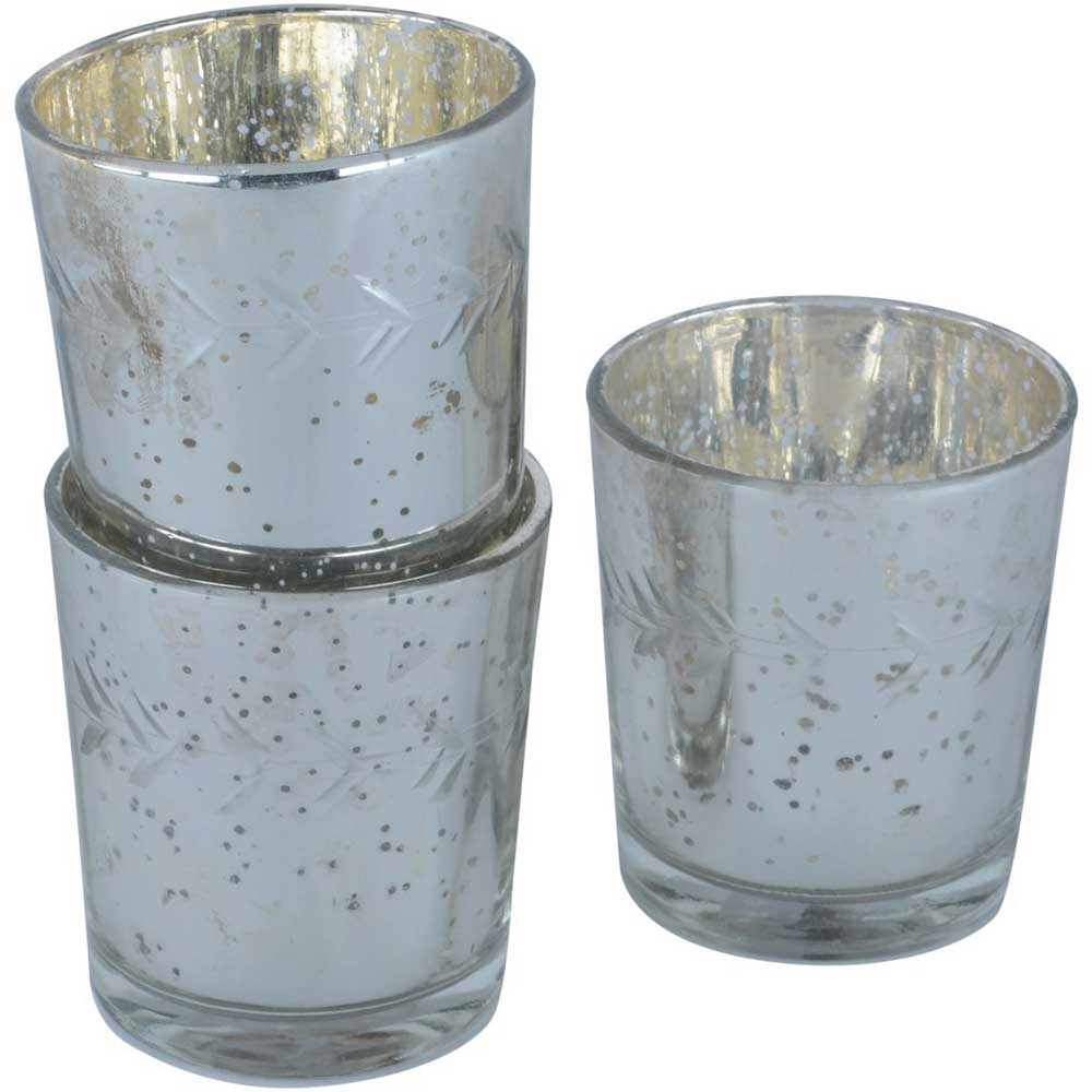 Antique Silver With Etched Vine Leaf Glass Votive