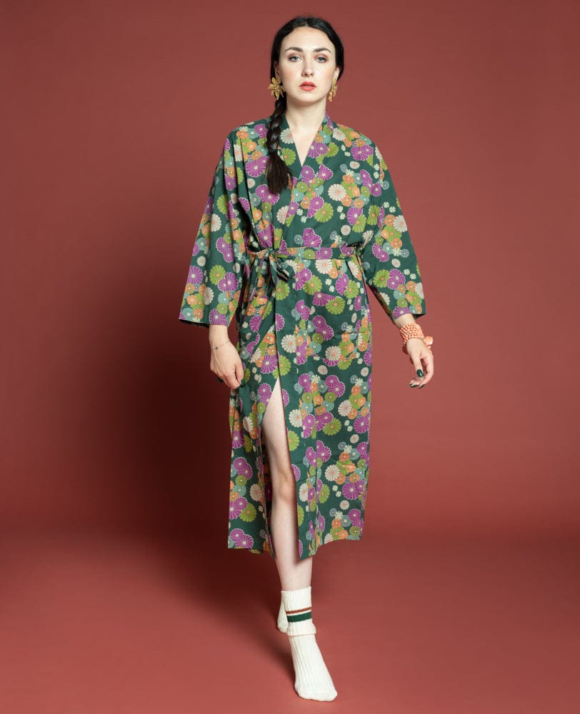 Long Cotton Dressing Gown, Mellow Green