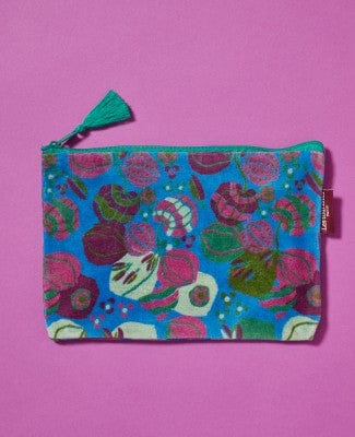 Velvet Zipped Pouch With Tassel, Bloom Blue