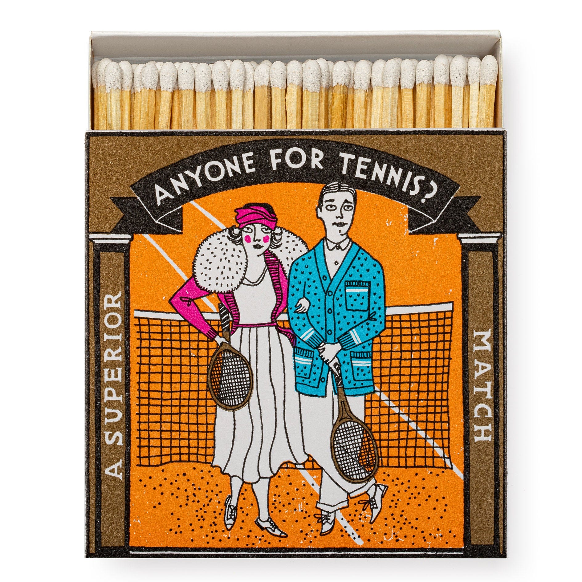 Our Charlotte Farmer collection is forever growing because in her, we have found an artist who shares our deep love and appreciation for vintage matchbox labels. Each new design she creates never fails to bring a smile to our faces and joy to our hearts: this clever play-on-words design brings a new life to tennis players.