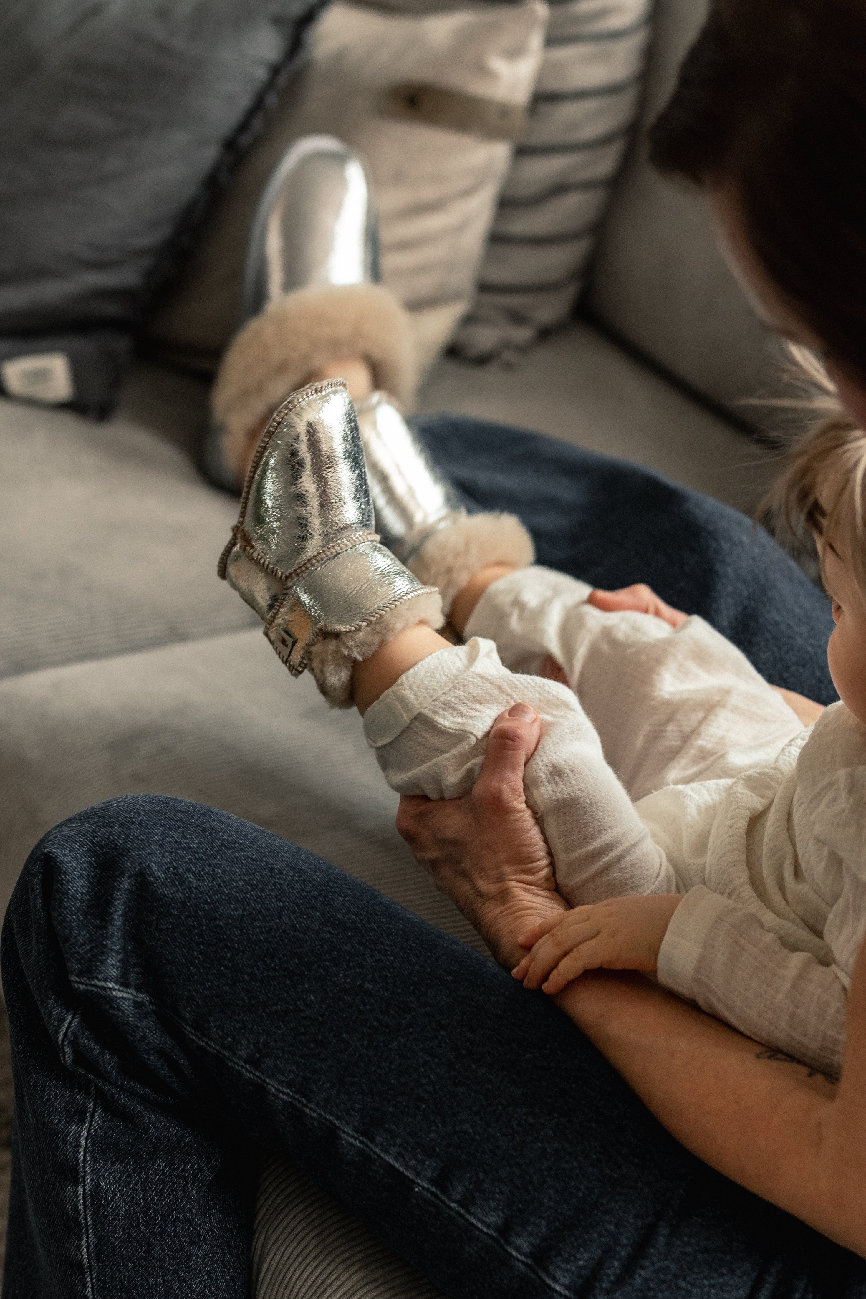 Boras Silver Sheepskin Slippers For Babies