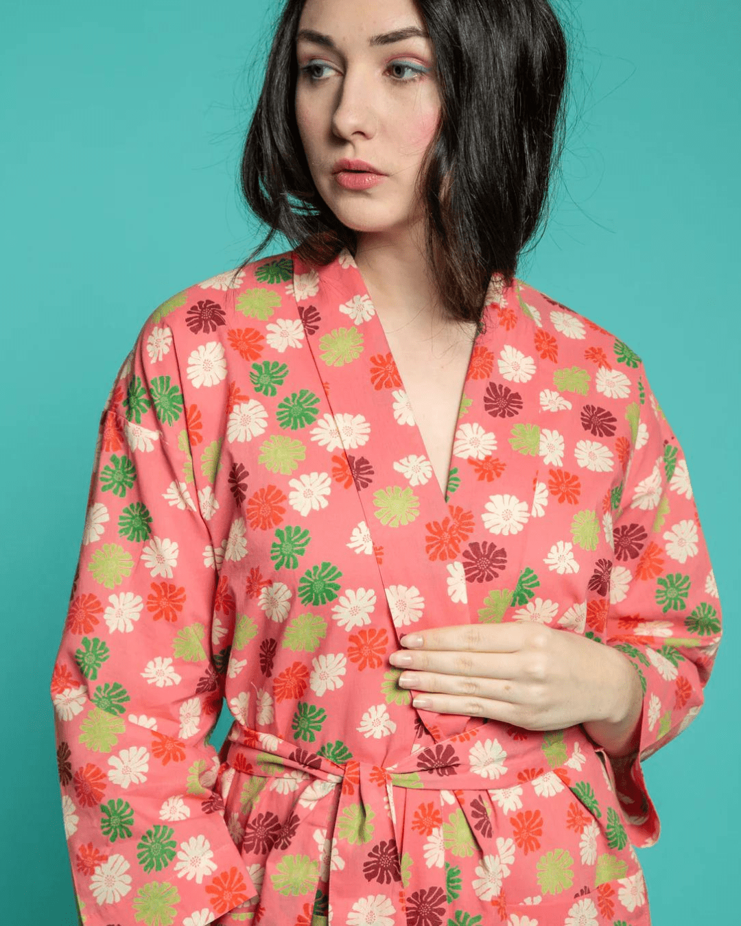 Long Cotton Dressing Gown, Burmese Coral