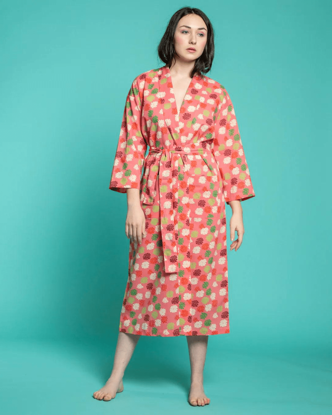 Long Cotton Dressing Gown, Burmese Coral