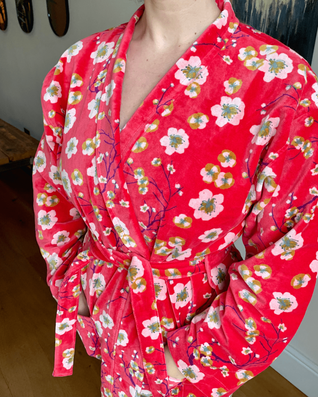 Luxury Velvet Dressing Gown Bright Blossom Coral