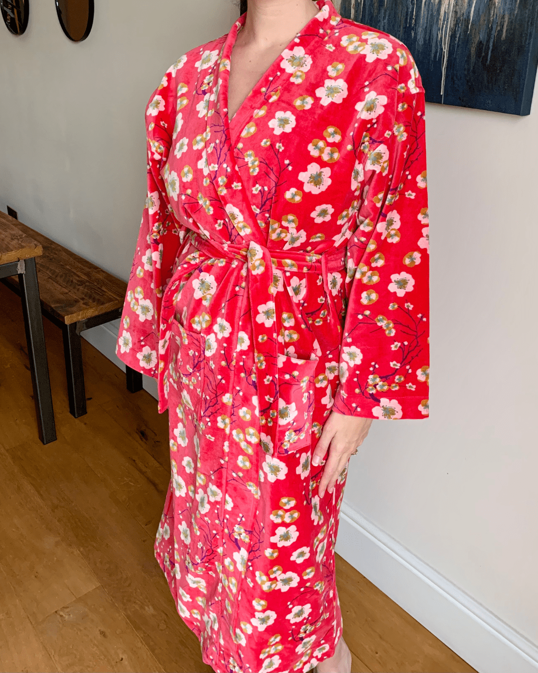 Luxury Velvet Dressing Gown Bright Blossom Coral