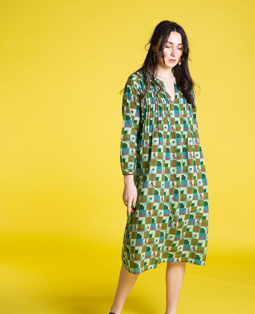 Capi Patterned Cotton Dress, Aberdeen Emerald
