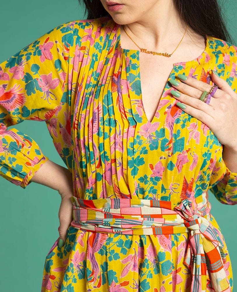 Capi Patterned Cotton Dress, Ancolie Yellow