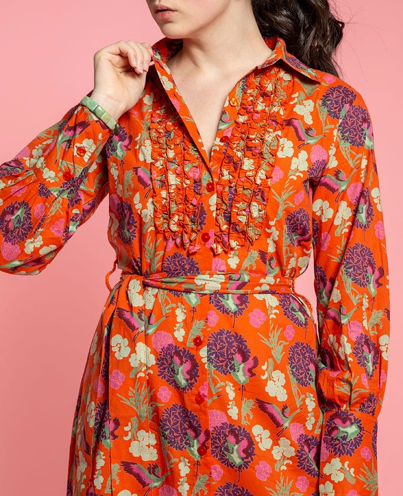 Bari Long Cotton Ruffle Dress, Heron Orange
