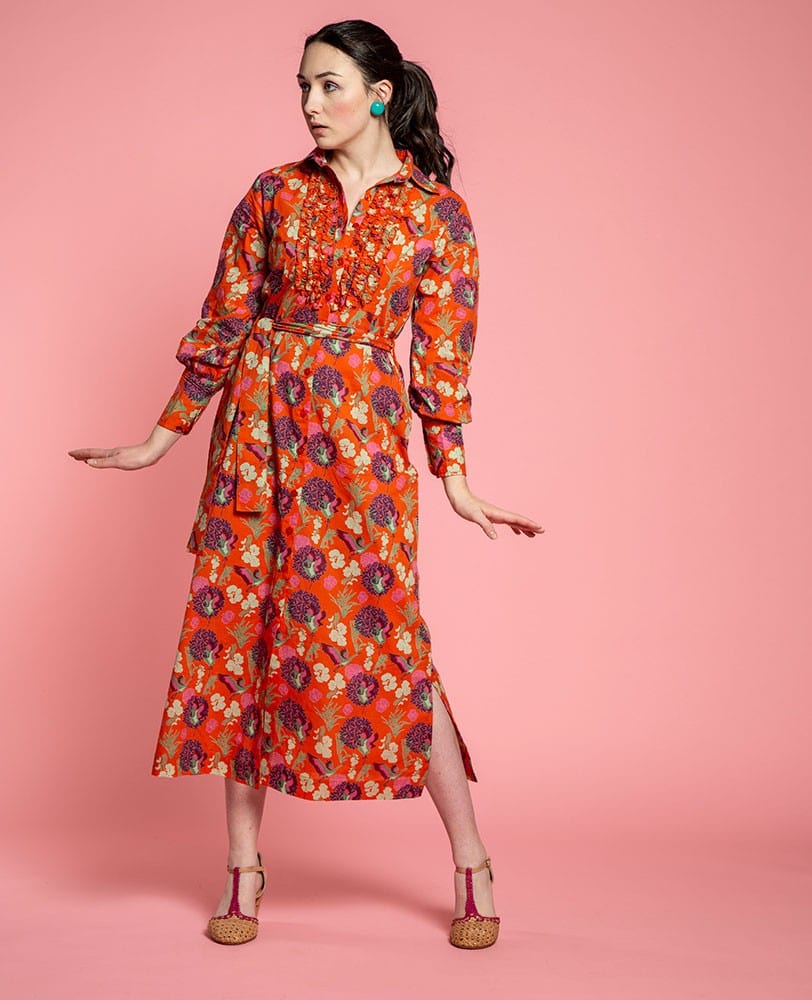 Bari Long Cotton Ruffle Dress, Heron Orange