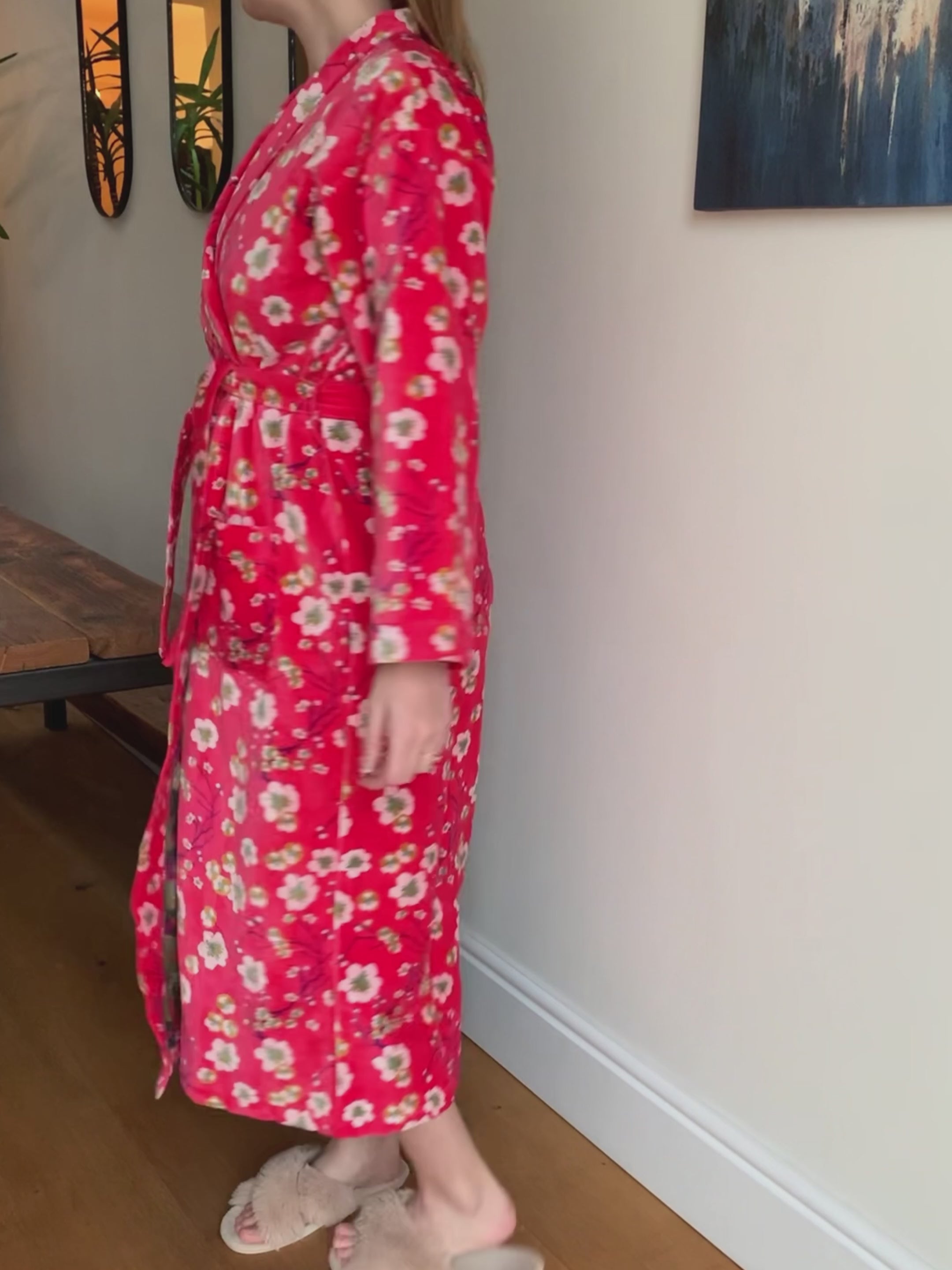 Luxury Velvet Dressing Gown Bright Blossom Coral