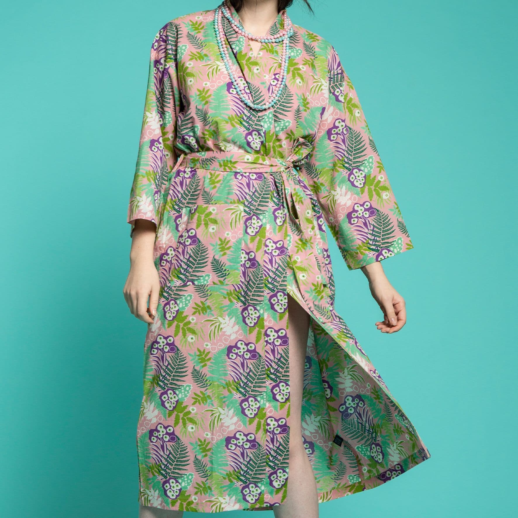 Long Cotton Dressing Gown, Fern Pink