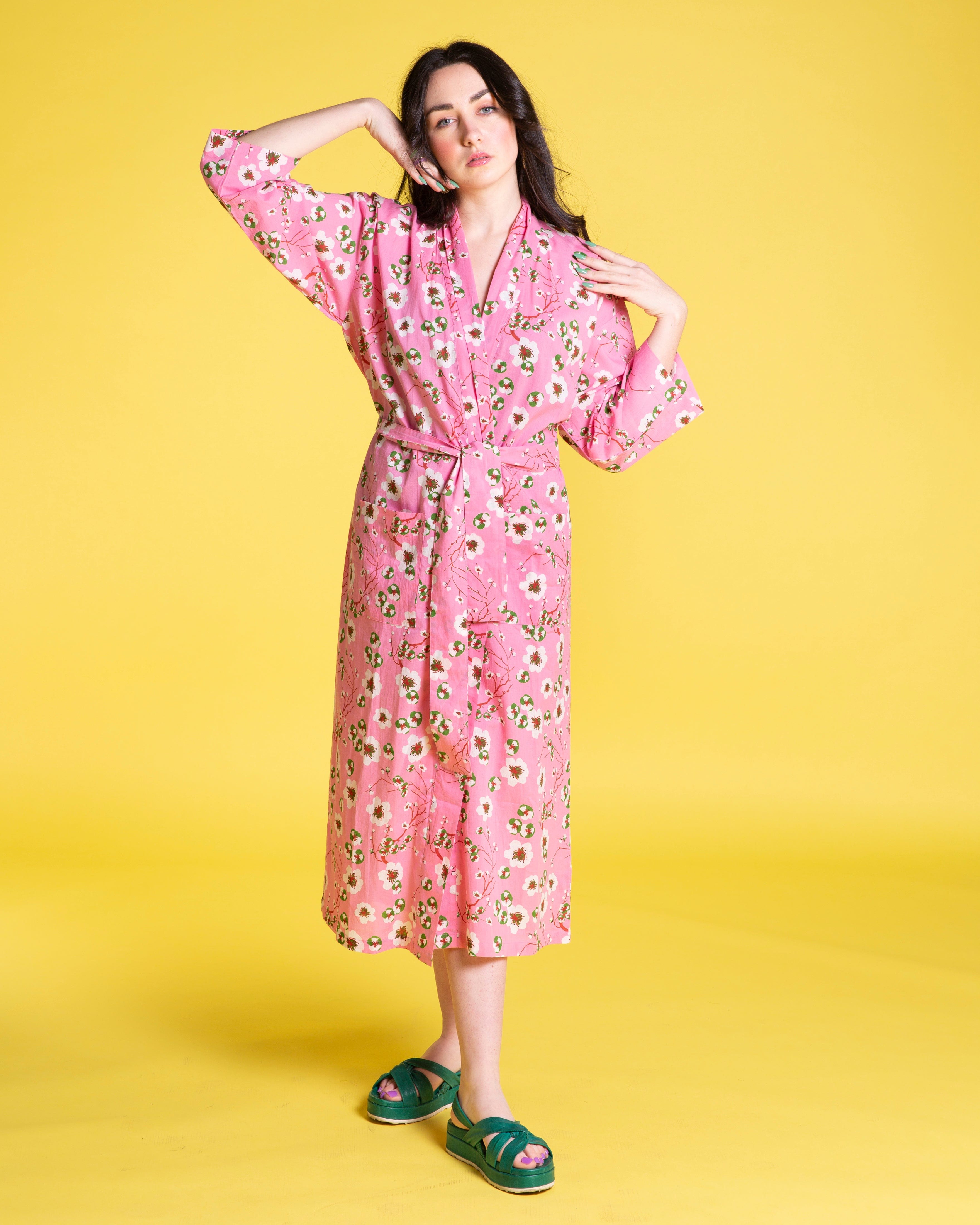 Long Cotton Dressing Gown, Blossom Pink