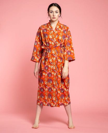 Long Cotton Dressing Gown, Heron Orange