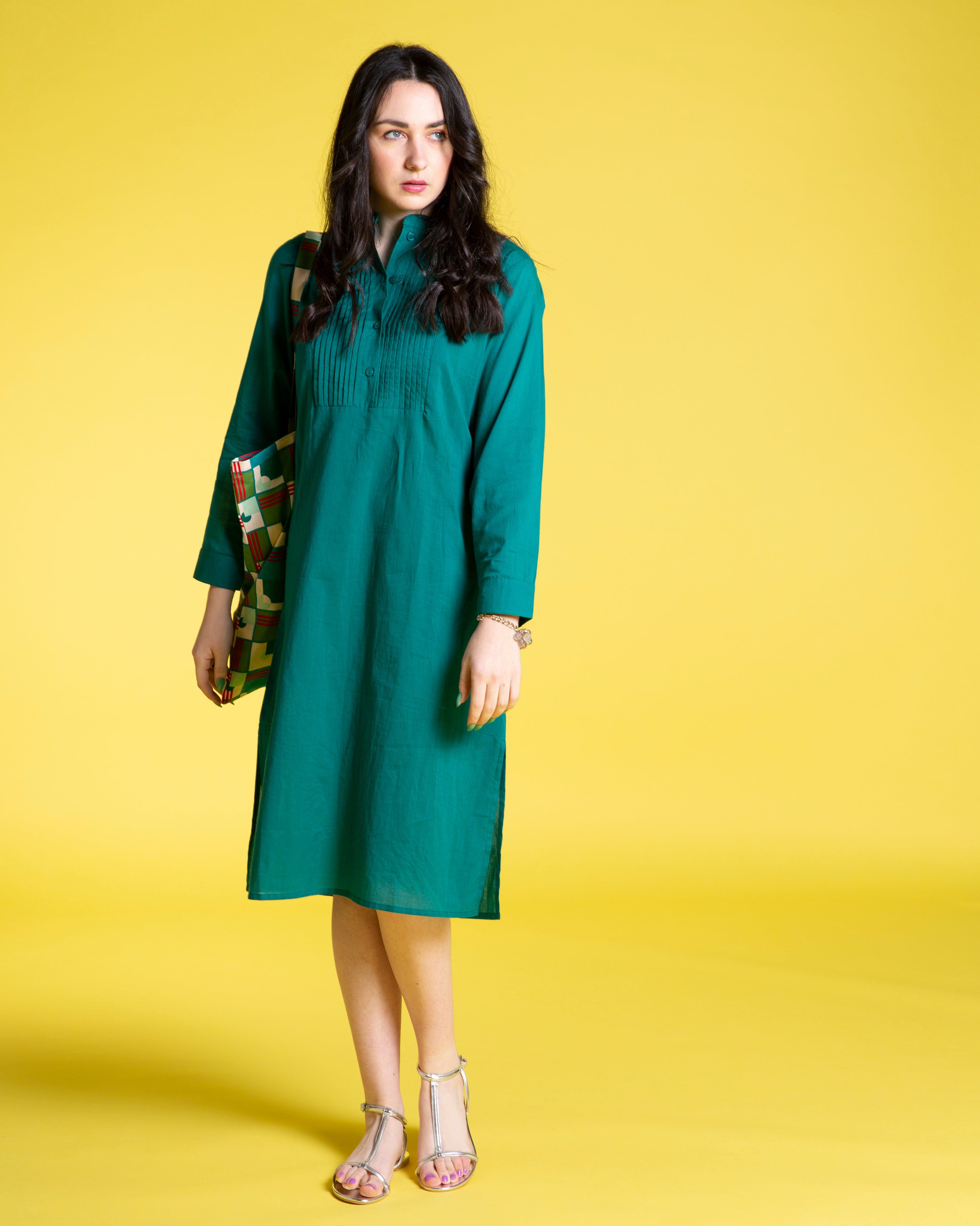 Suzelle Cotton Dress, Plain Emerald