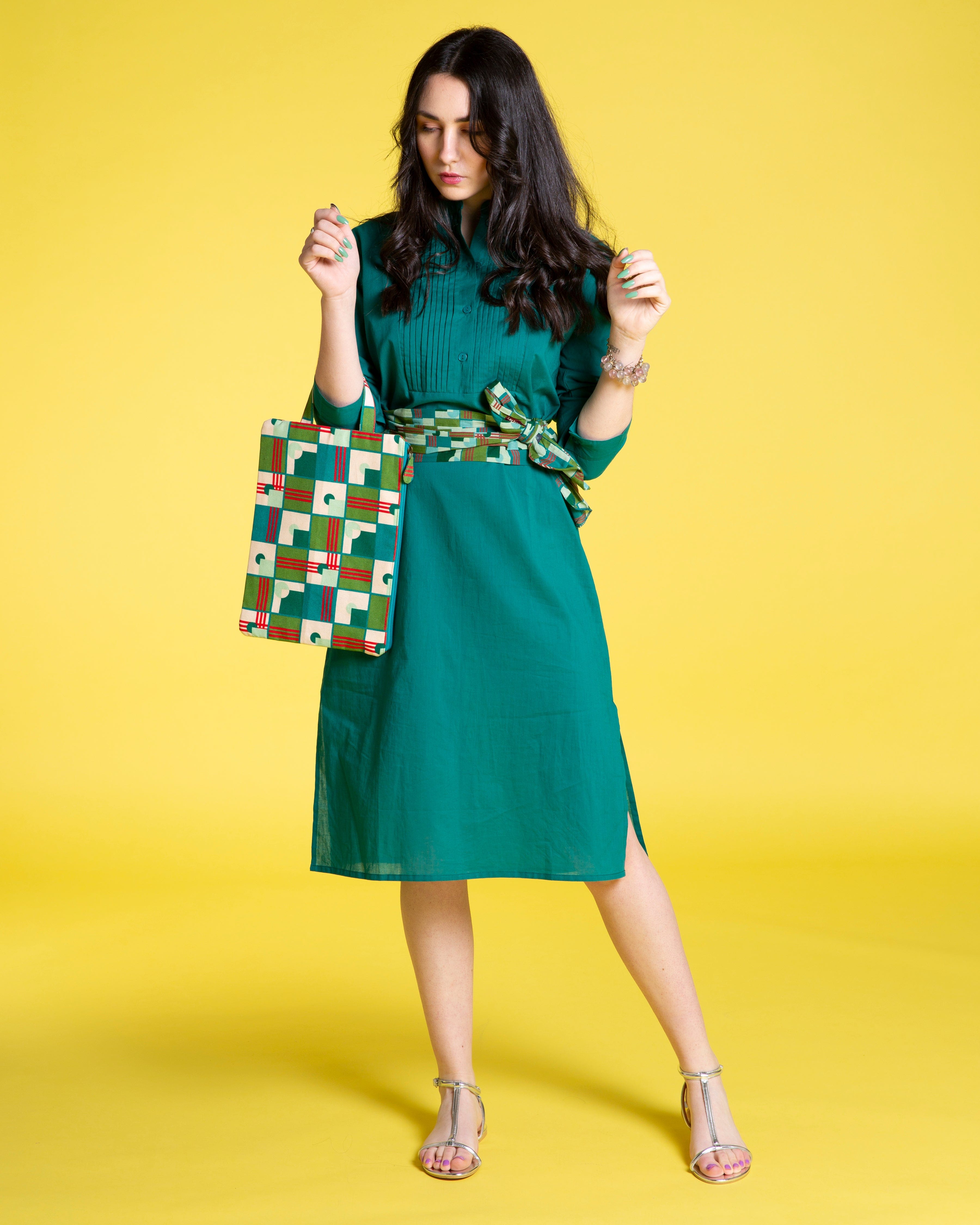 Suzelle Cotton Dress, Plain Emerald