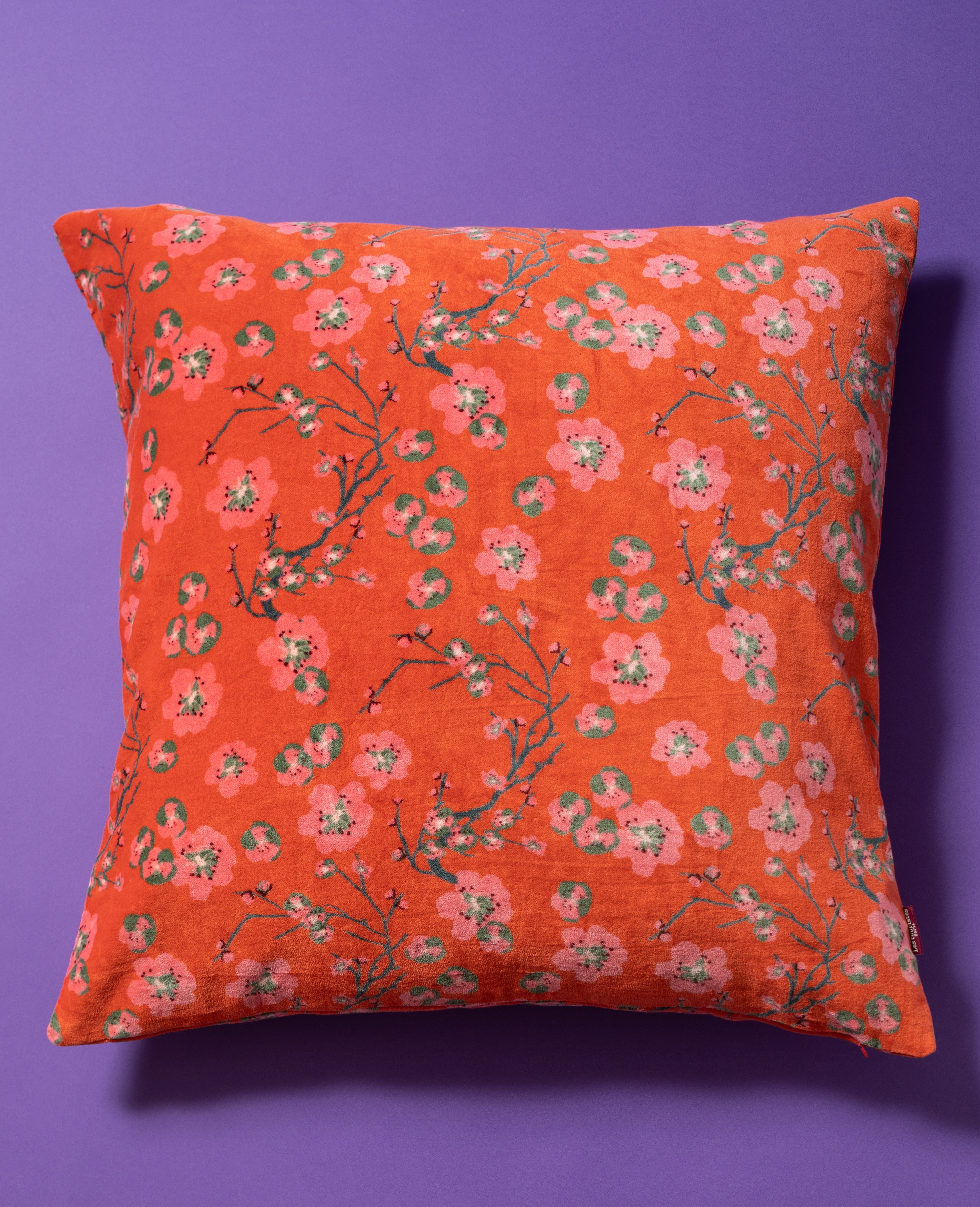 Square 60x60 Velvet Blossom Print Cushion by Les Touristes Orange
