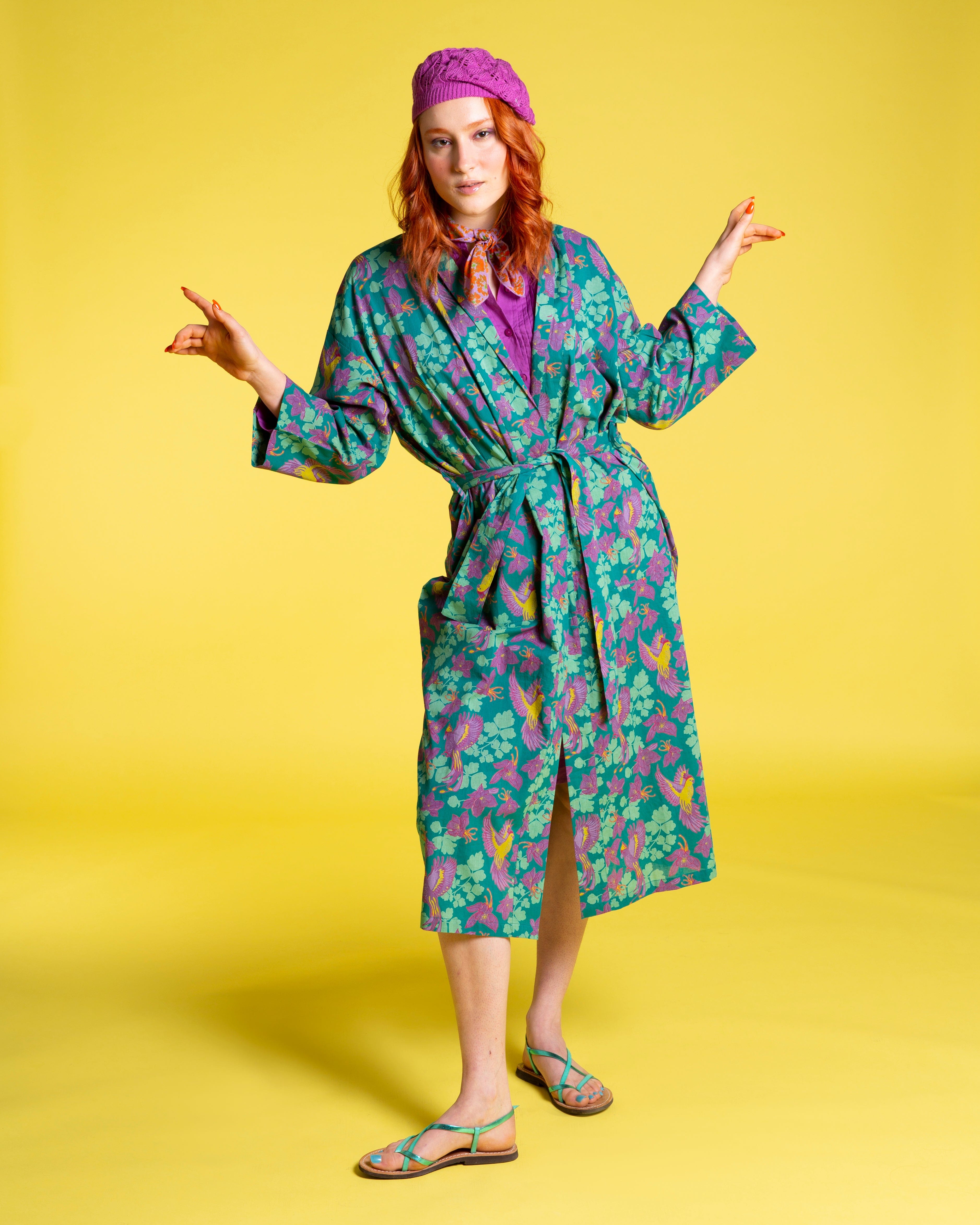 Long Cotton Dressing Gown Ancolie Emerald
