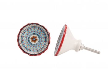 RED & TURQUOISE ROUND DISH CERAMIC DRAWER PULL