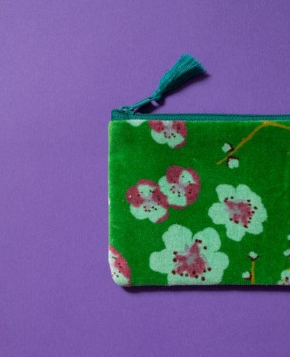 Velvet Zipped Pouch With Tassel Blossom Green