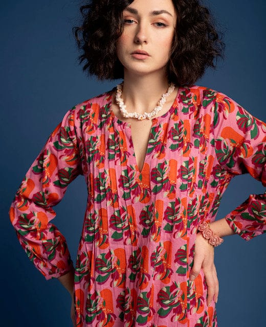 Capi Patterned Cotton Dress, Split Pink Orange