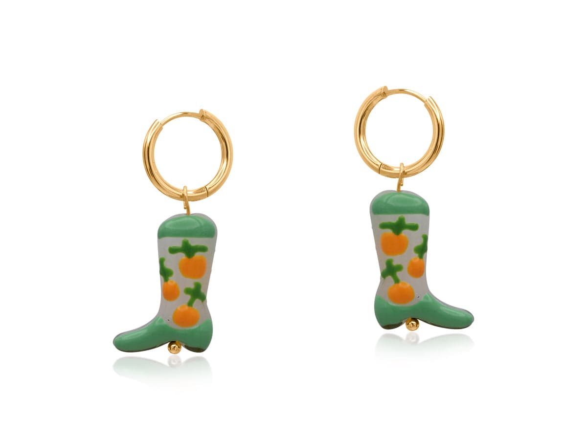 Big Metal Ceramic Cowboy Boot Earrings Green Orange