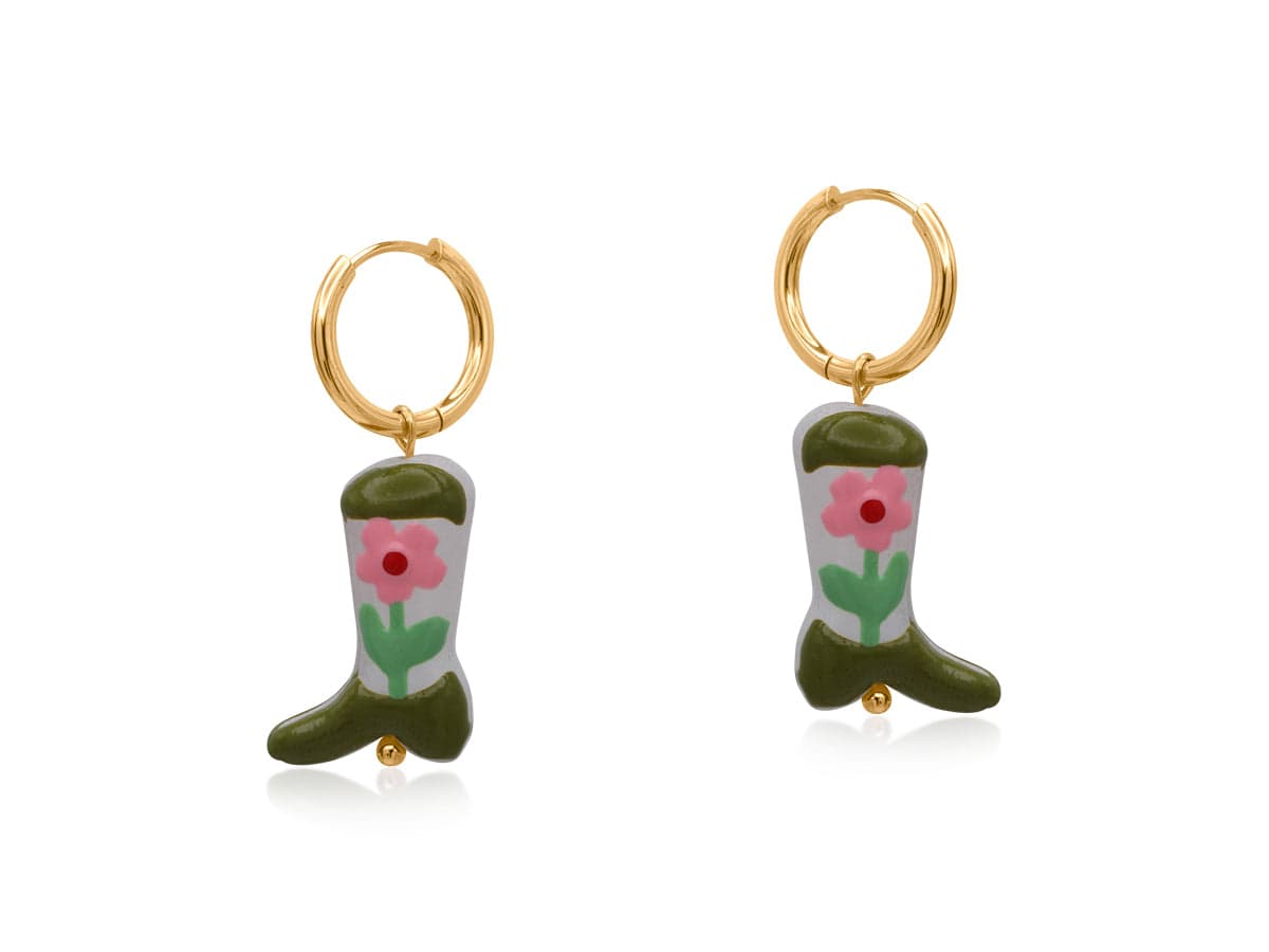 Big Metal Ceramic Cowboy Boot Earrings Black Pink Flower