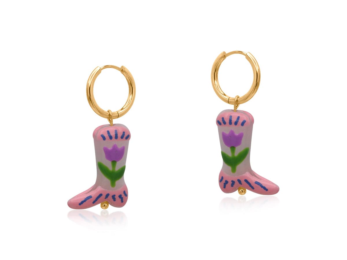 Big Metal Ceramic Cowboy Boot Earrings Pink Tulip