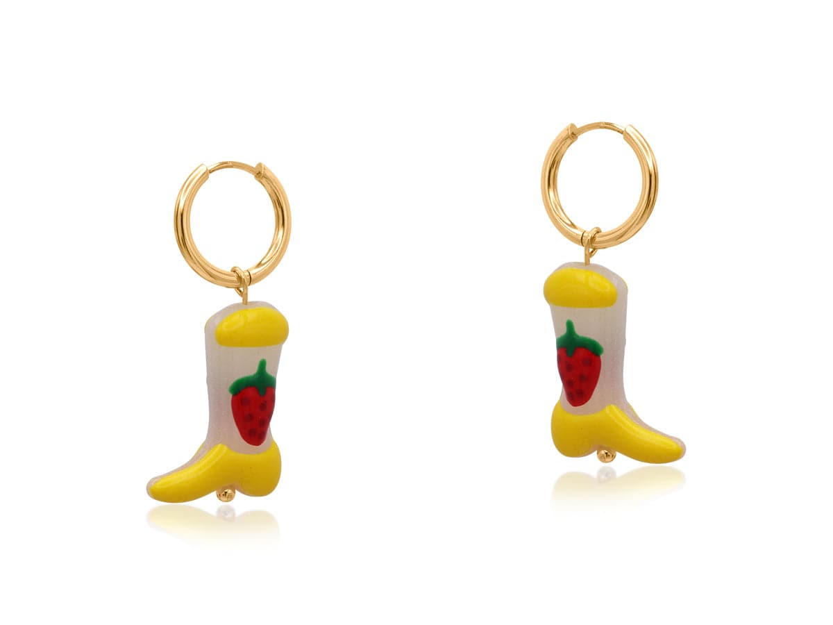 Big Metal Ceramic Cowboy Boot Earrings Yellow Strawberry 