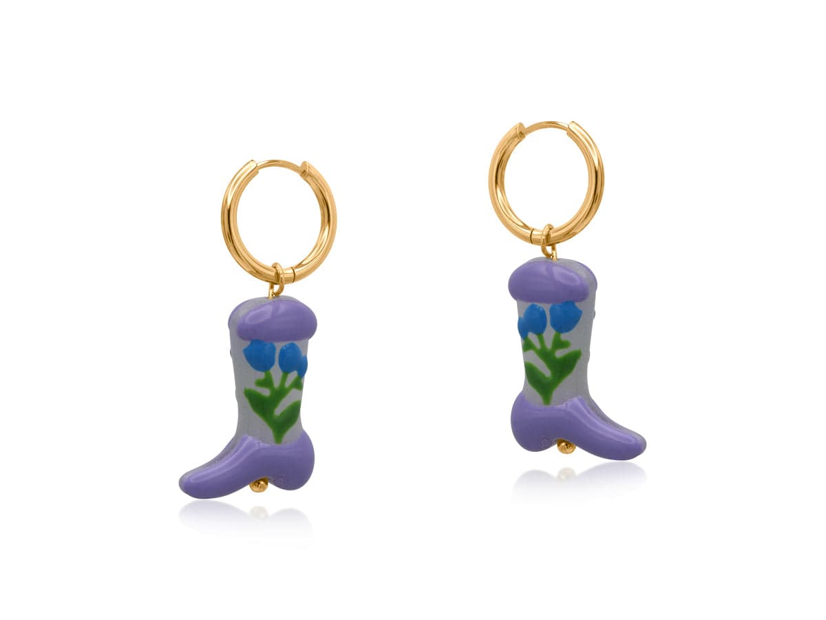 Big Metal Ceramic Cowboy Boot Earrings Lilac Blue Flower 