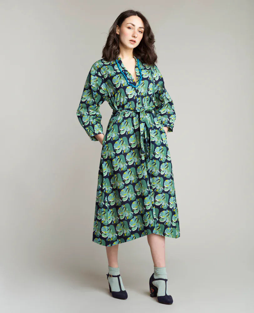 Ava Button Through Patterned Cotton Dress Split Navy