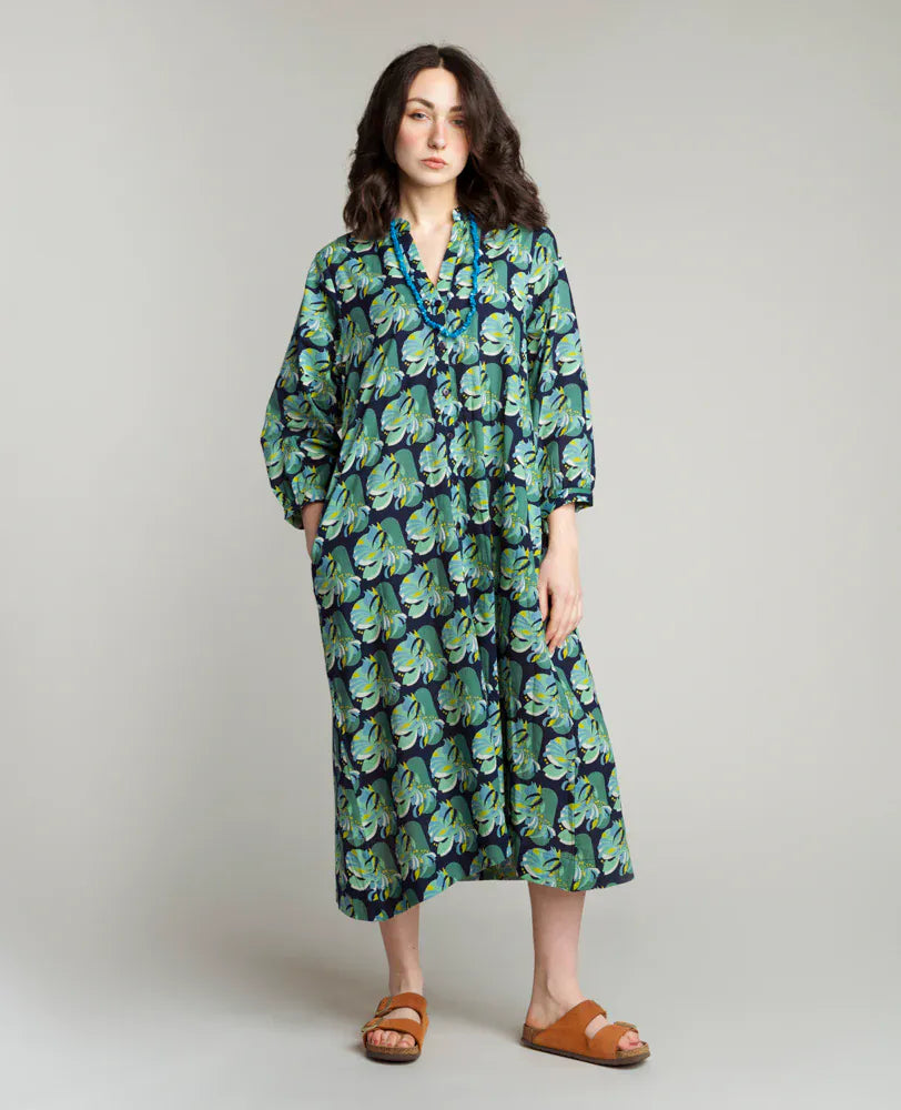 Ava Button Through Patterned Cotton Dress Split Navy
