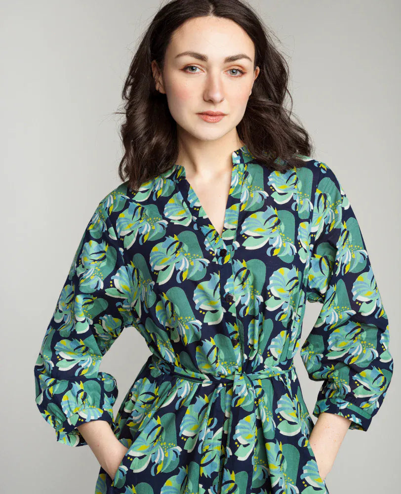 Ava Button Through Patterned Cotton Dress Split Navy