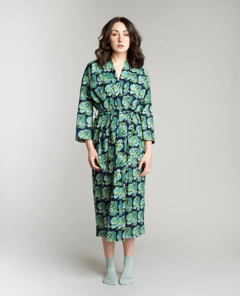Long Cotton Dressing Gown, Split Navy