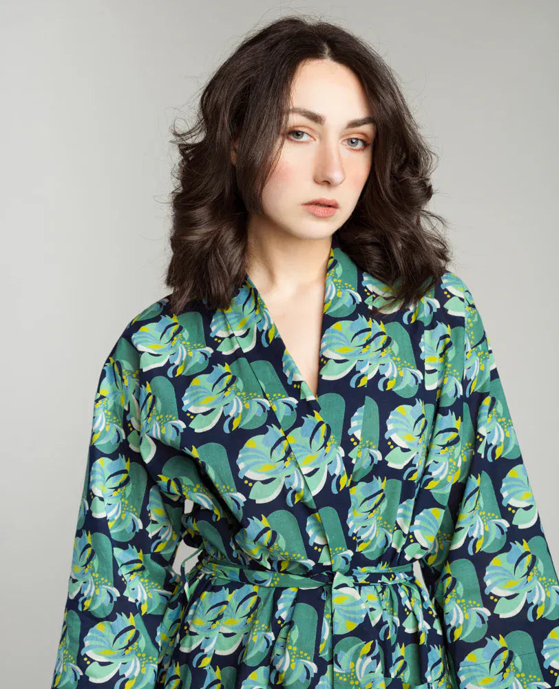 Long Cotton Dressing Gown, Split Navy