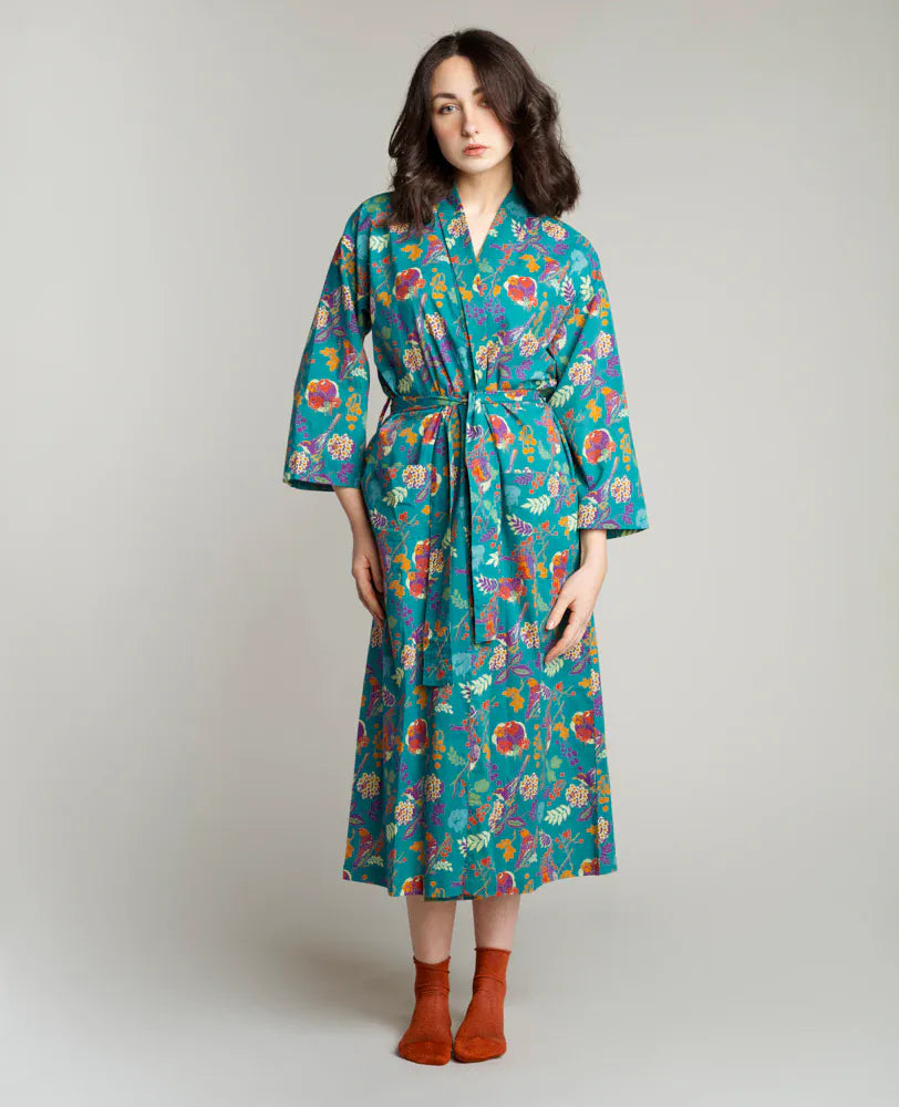 Long Cotton Dressing Gown, Birdy Teal