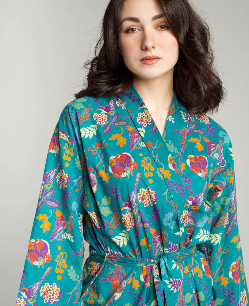 Long Cotton Dressing Gown, Birdy Teal