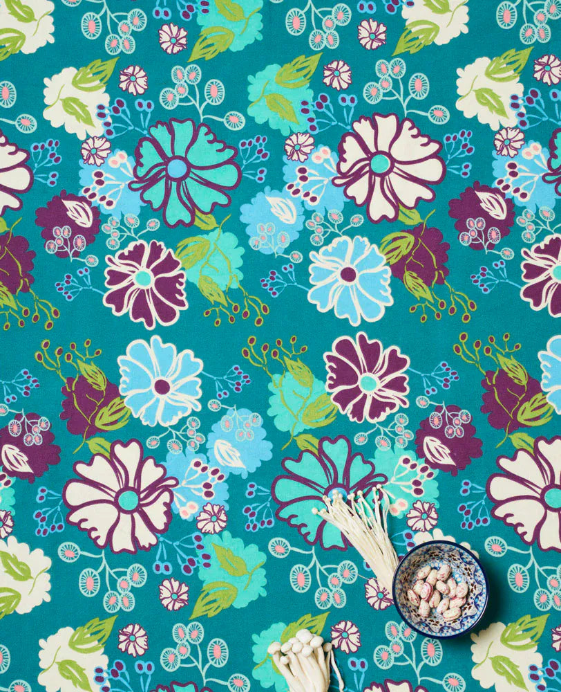 Large Organic Cotton Tablecloth, Cosmos Teal