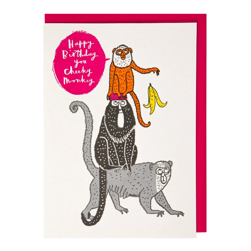 Letterpress Card Monkey Happy Birthday
