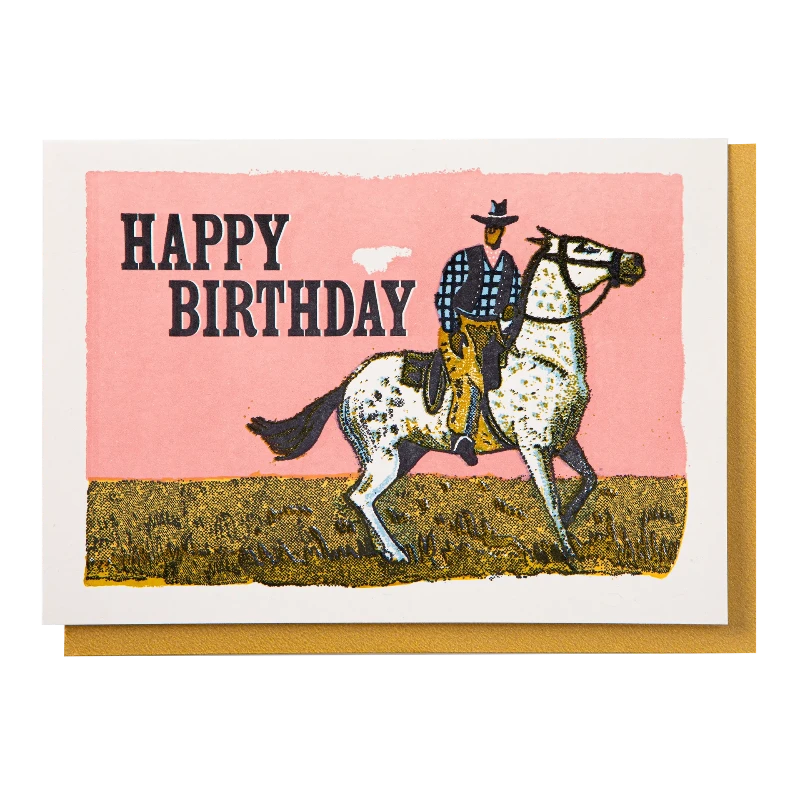 Letterpress Card Pink Cowboy Birthday