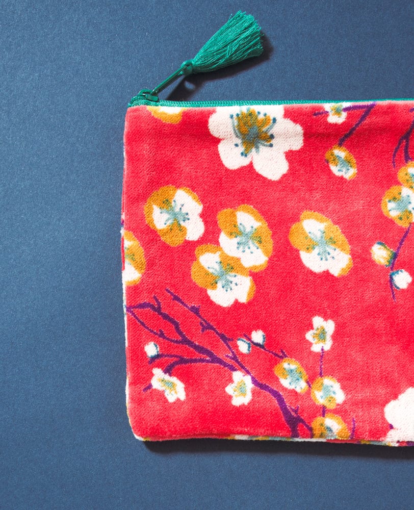 Velvet Zipped Pouch With Tassel Blossom Bright Coral Large