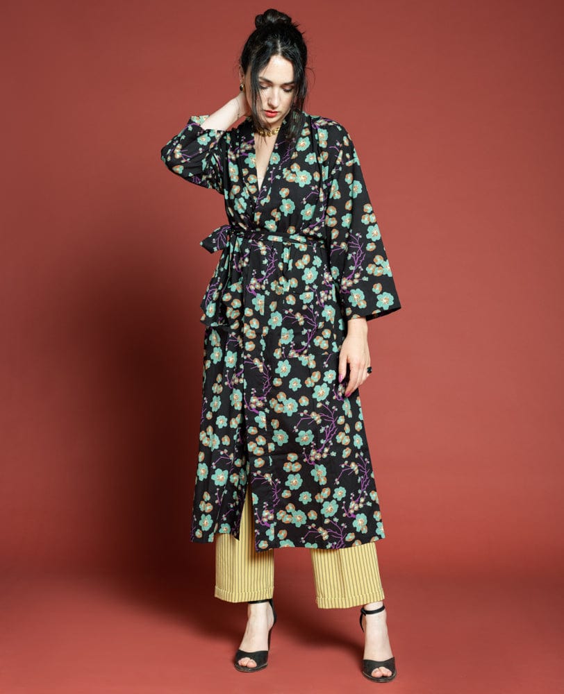Long Cotton Dressing Gown, Blossom Black
